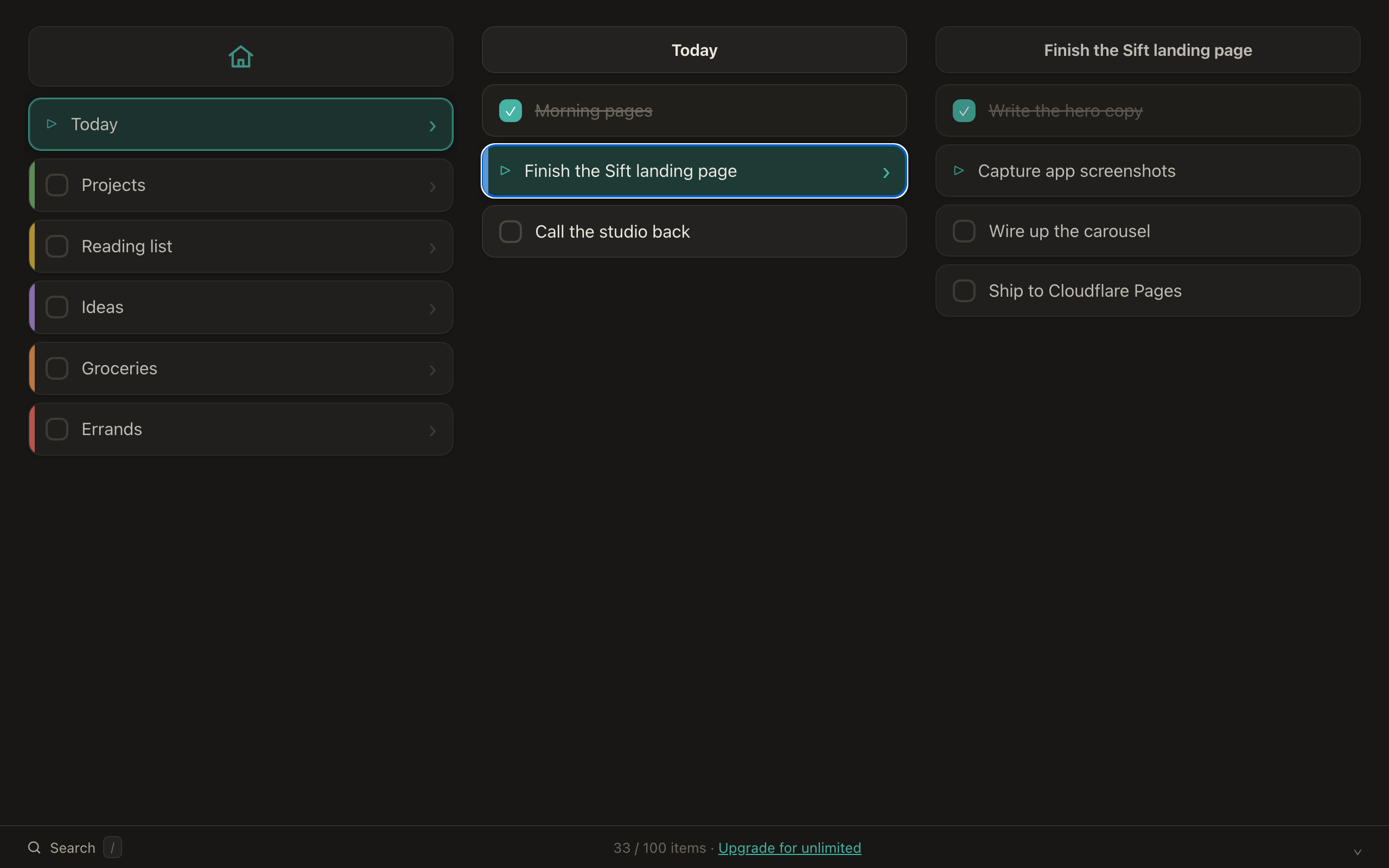 Sift in dark mode, showing the same nested outline in a calm, low-light palette.