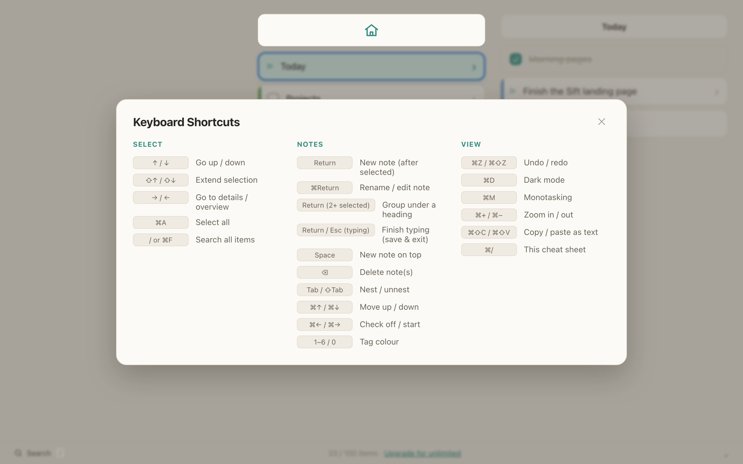 Sift's keyboard shortcut cheat sheet, grouped into Select, Notes, and View.