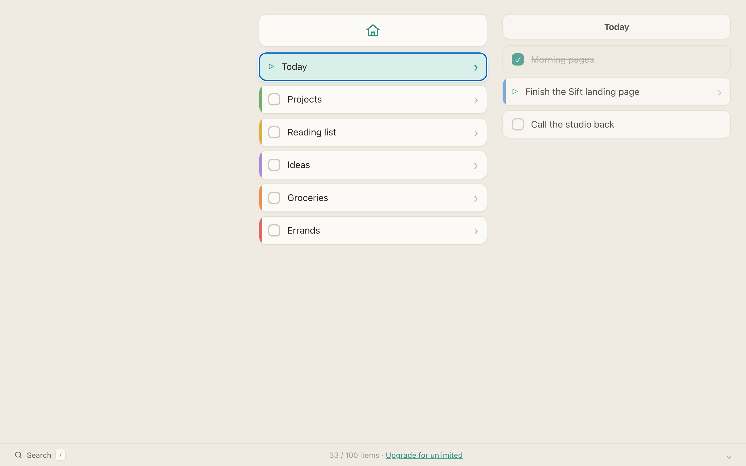 Sift's home view: a tidy column of lists — Today, Projects, Reading list, Ideas, Groceries, Errands — with the Today list's items previewed alongside.