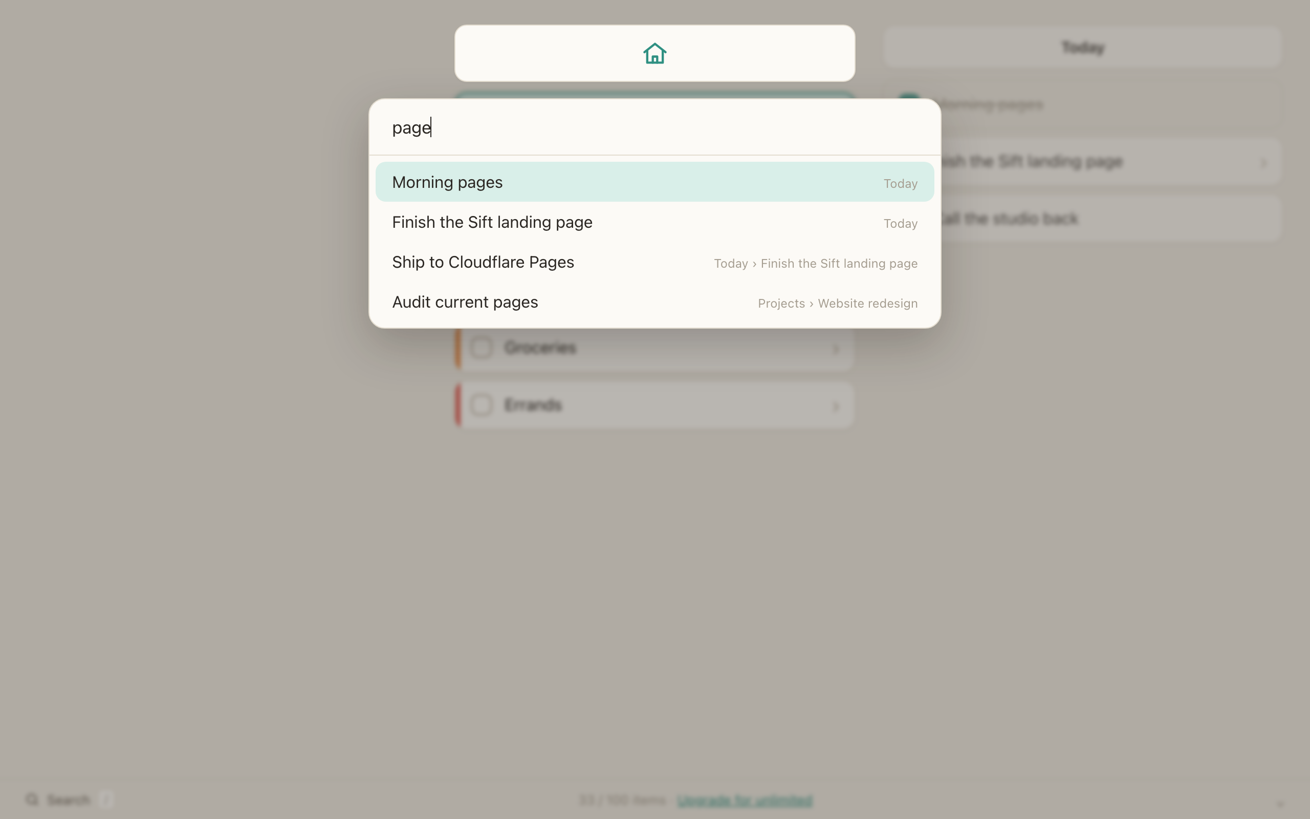 Sift's search overlay finding every item containing 'page', each with a breadcrumb trail showing where it lives.